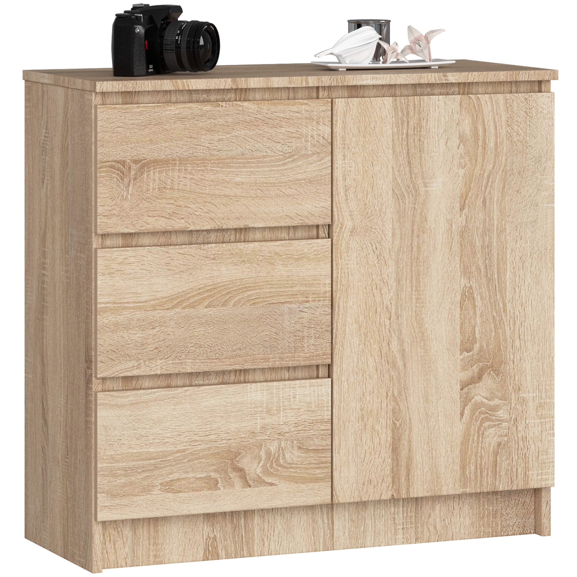 Komoda AKORD JERRY Dąb Sonoma 80 cm 1 drzwi 3 szuflady kolor Dąb Sonoma mat 2 półki 80x35x77 cm