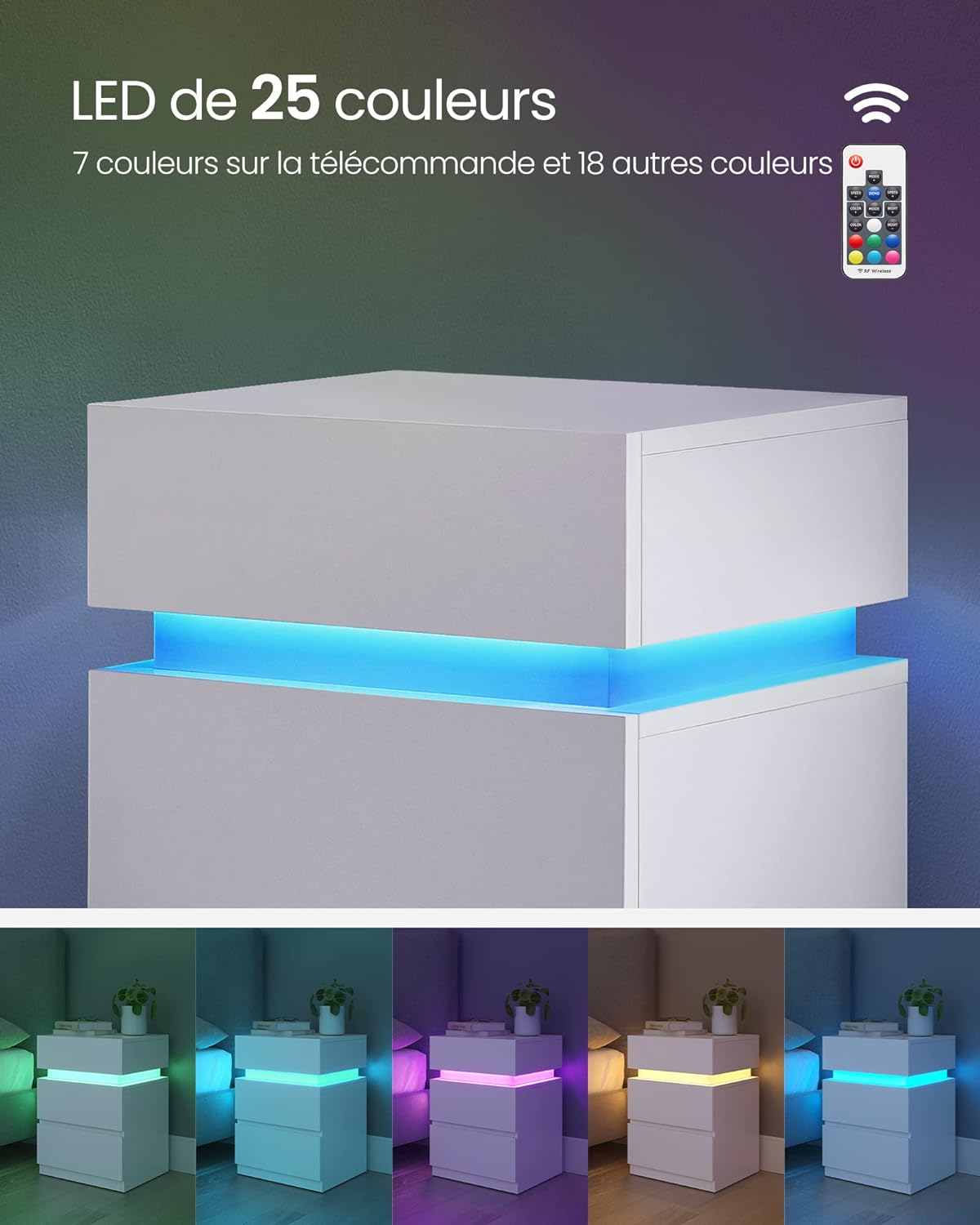 Table de Chevet, avec Bande LED Multicolore Réglable, 3 Tiroirs, Style Moderne, 33,5 x 40 x 55 cm, Blanc - 2