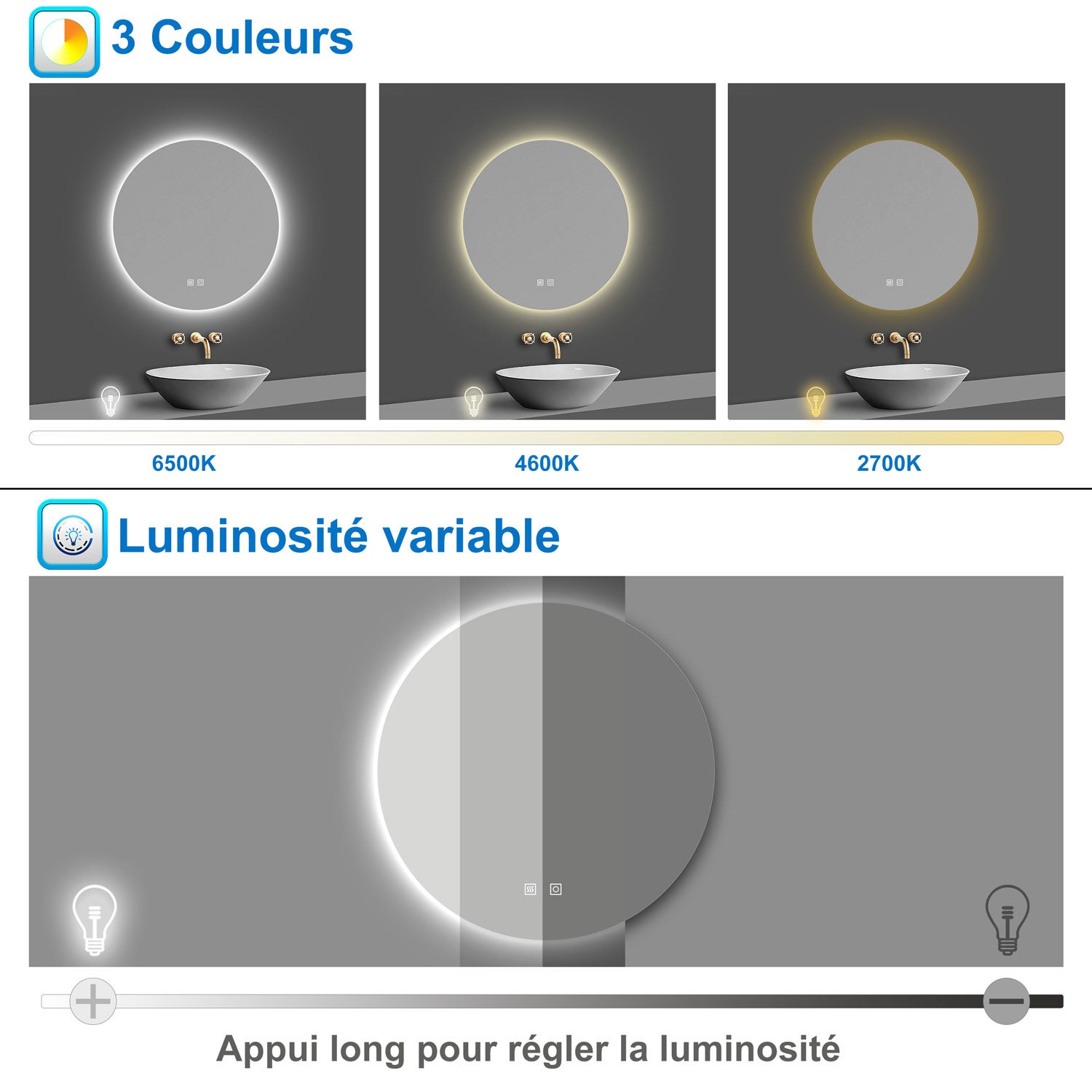 AICA LED Miroir lumineux rond 80cm 3 couleurs + anti-buée + dimmable + mémoire miroir salle de bain - 3