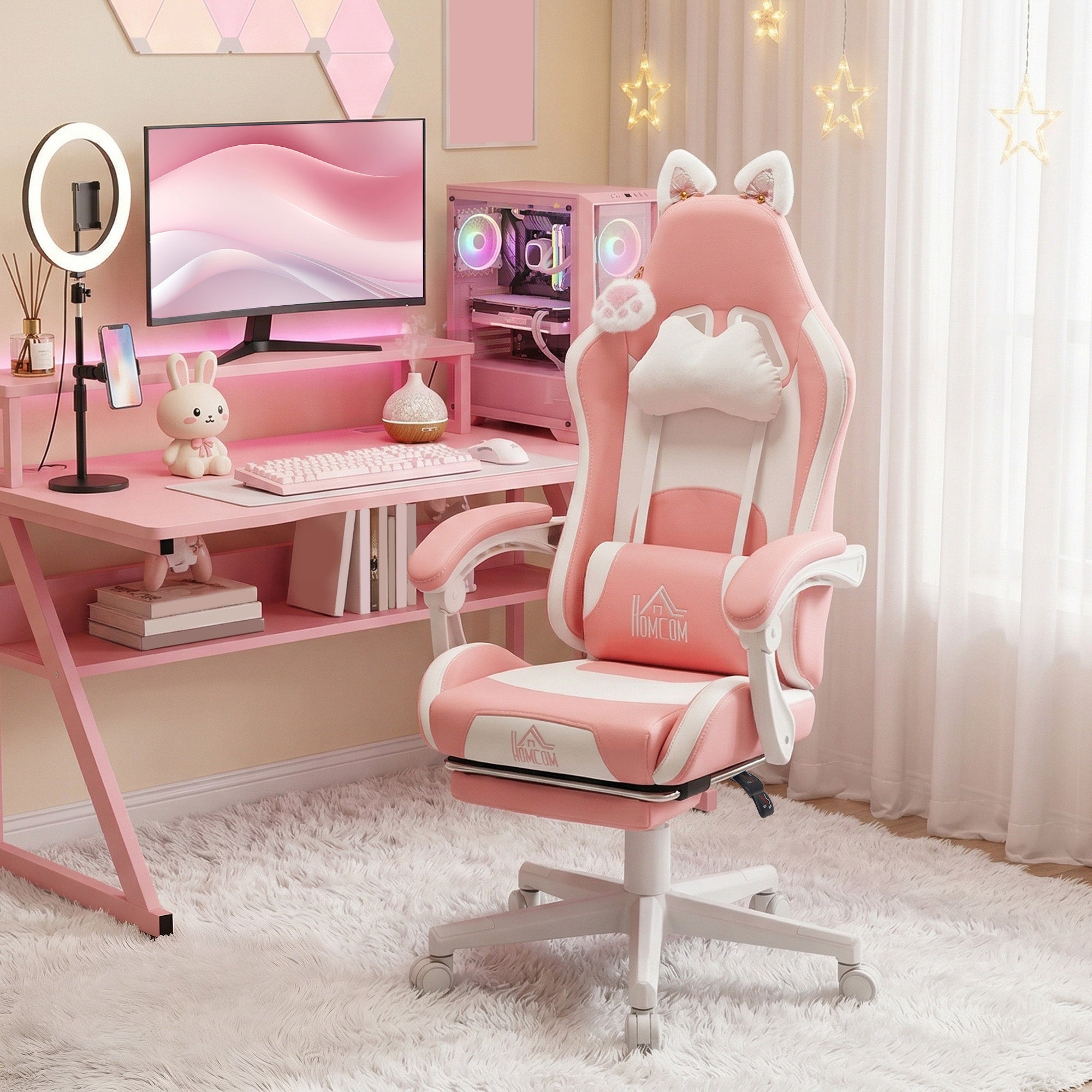 Homcom Silla Gaming Con Orejas Altura Ajustable Reposapiés Retráctil