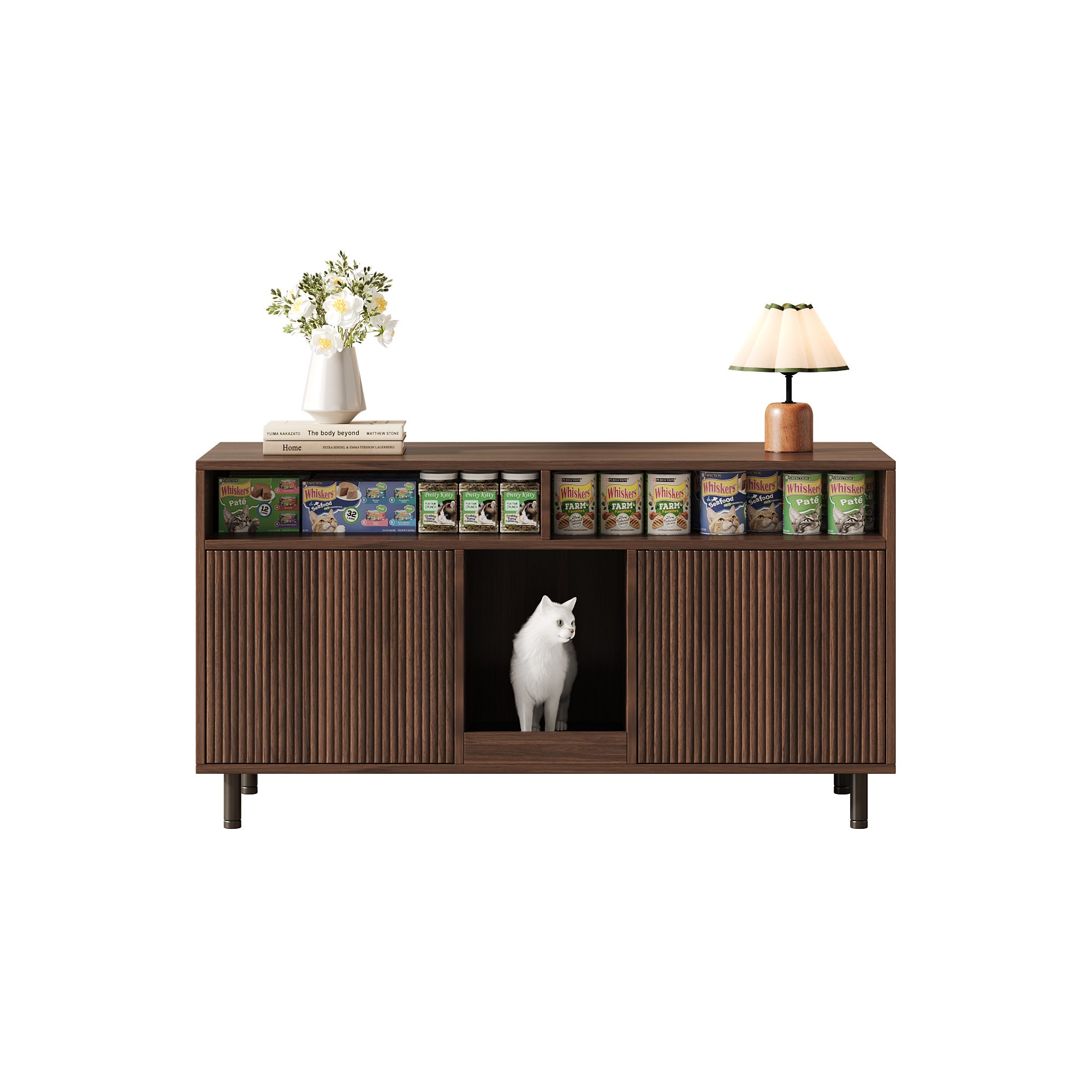 Meuble Litiere Chat avec 2 portes et 2 tiroirs, buffet - 120 x 50 x 66 cm - MDF - Noyer - 9