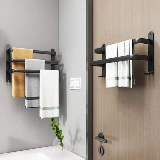Portasciugamani Sopraporta Con Cestino – 2 Ripiani + Ganci, Antiscivolo, Senza Trapano, Per Bagno E Camera, Nero, Portata 15kg