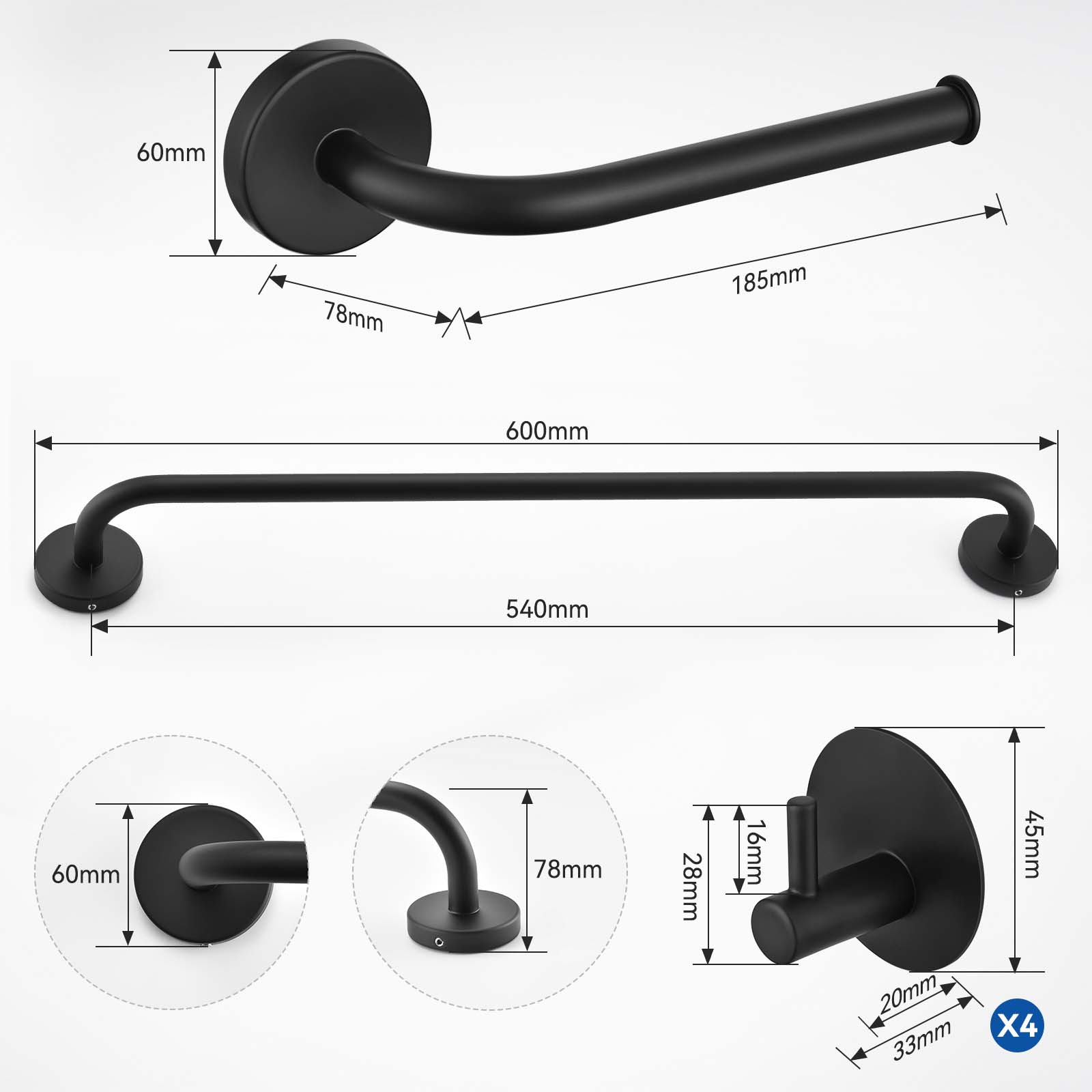 Auralum Max Ensemble Salle Bain Accessoire 6 Pièces,Auto-adhésif ou percer,Porte-Serviettes,Porte-Papier Toilette,Crochet Mural,en Inox,Noir Mat - 4
