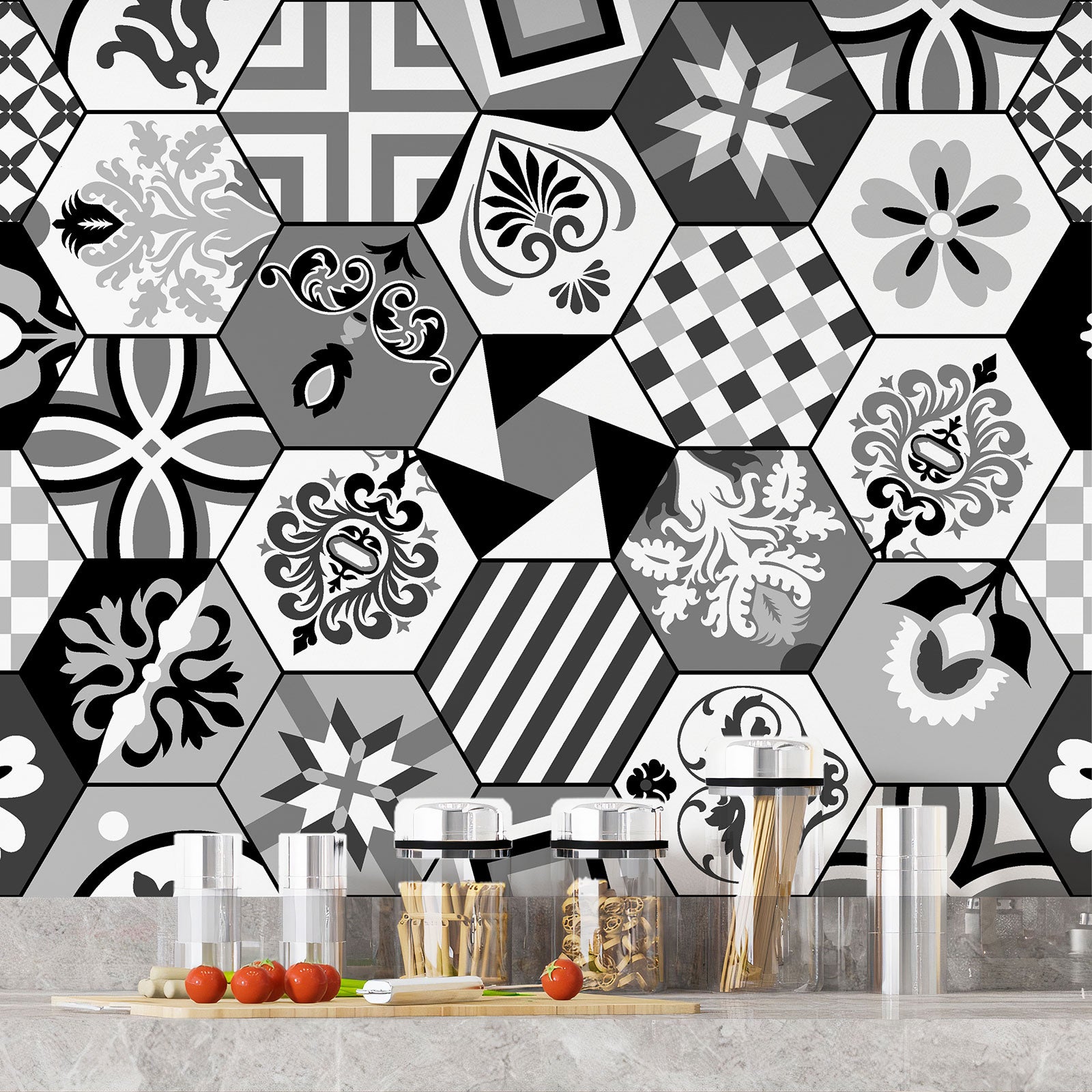 Crédence adhésive sticker décoratif pour cuisine - Effet carreaux de ciment - Adhésif MAT - 60x78 cm - 4
