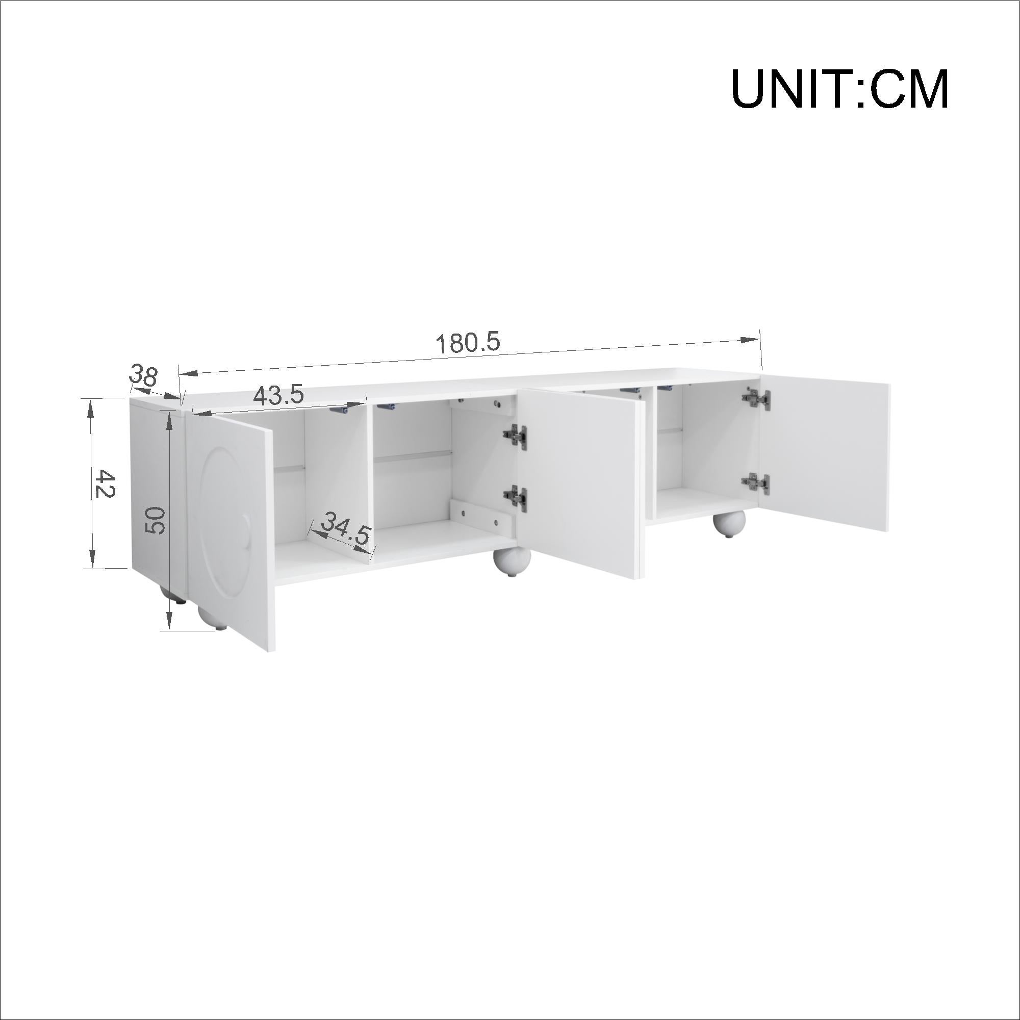 Nowoczesna szafka RTV z 4 drzwiami - 180,5 x 38 x 50 cm - Płyta wiórowa + MDF - Biała - 5