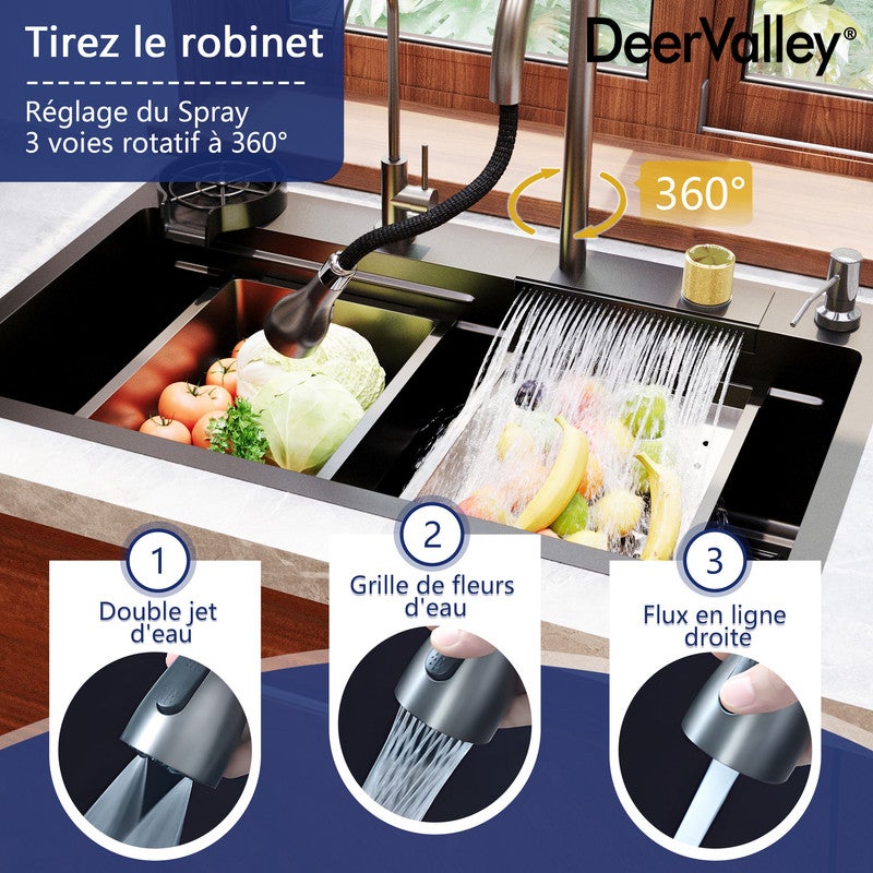 Évier de Cuisine Multifonction DeerValley Cascade en Acier Inoxydable 304 - 75 x 46 cm - Robinet Tirable 3 en 1 - 3