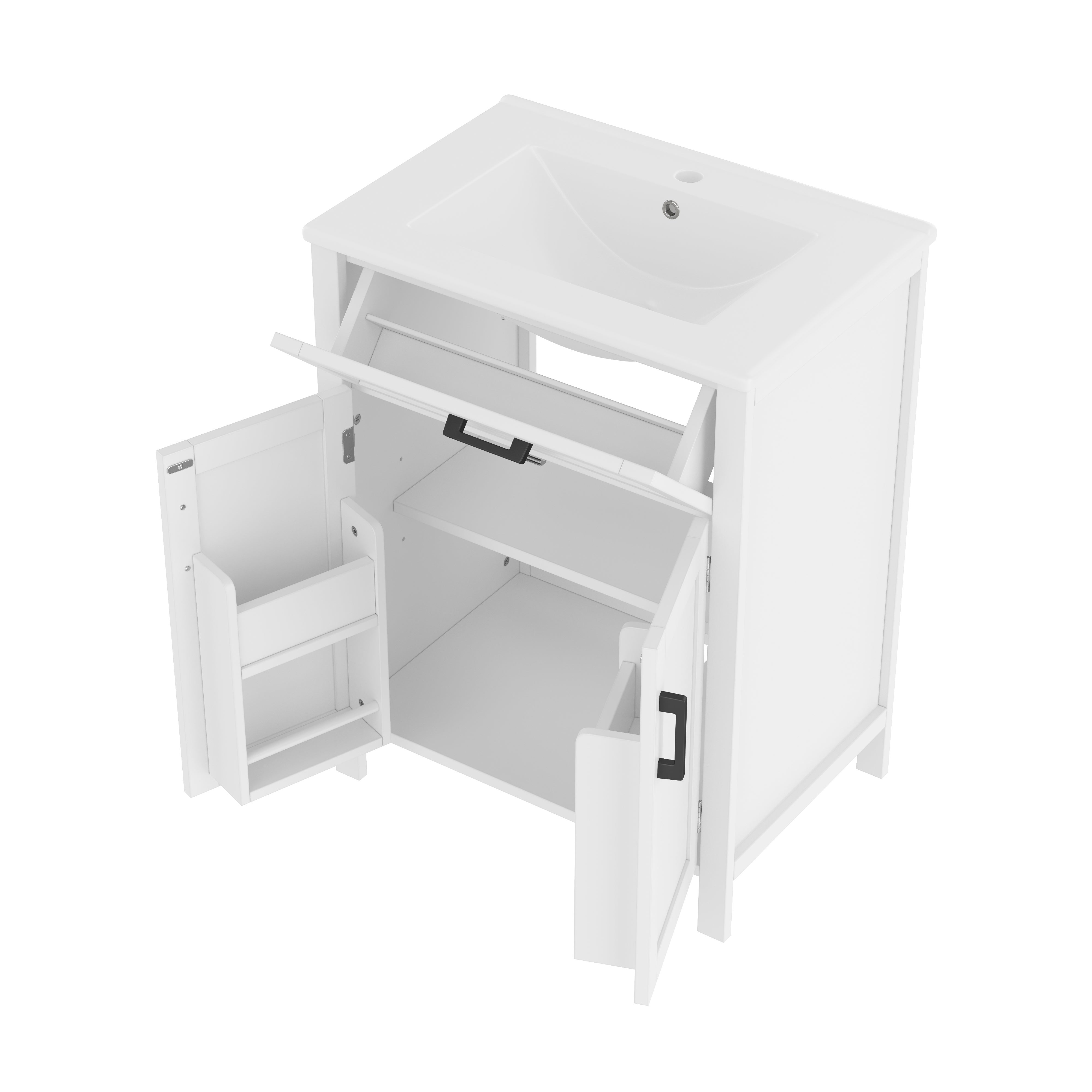 Meuble de salle de bain sur pied - avec une vasque en céramique - 2 portes - 60x46x85cm - Blanc(robinet non inclus) - 6