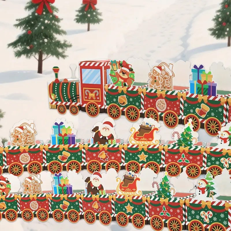 Świąteczny kalendarz adwentowy z pociągiem świątecznym – pudełko prezentowe ze Świętym Mikołajem, piernikami i płatkami śniegu, papierowe dekoracje - 5