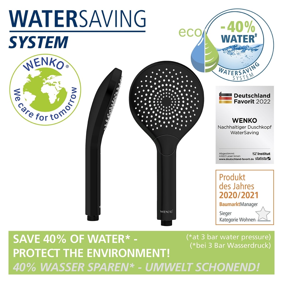 Pommeau De Douche 3 Jets, 40% Économie D'eau, Ø12 Cm, Finition Noir Mat, Embout Universel 1/2' - 2