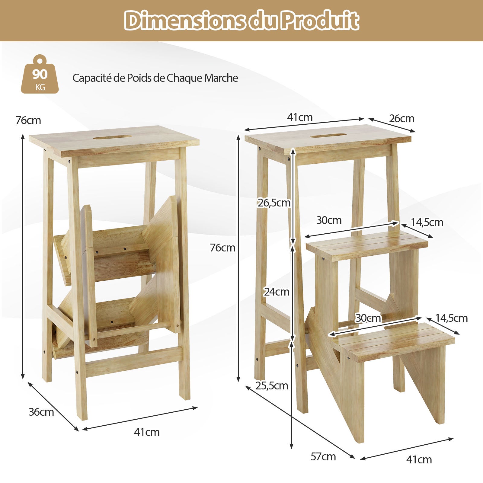 Tabouret Escabeau en Bois Hévéa Pliant, Marchepied 3 Marches, Escabeau Multifonctionnel Réversible, Portable, 57 x 41 x 76 cm, Capacité 310kg, Naturel - 5