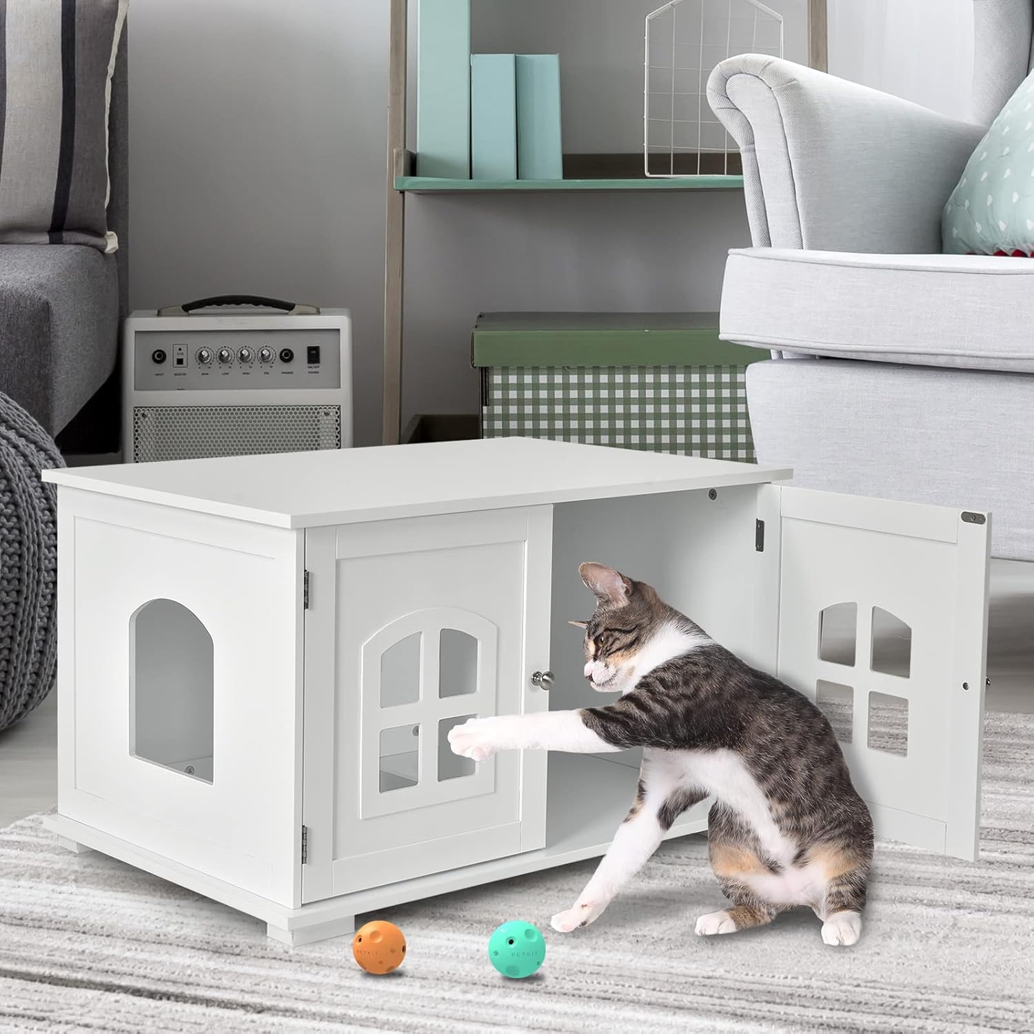 Caixa de areia para gatos, Caixa de areia para gatos com 2 portas, orifícios de ventilação, para sala de estar, quarto, 81 x 53 x 49 cm, branco - 9