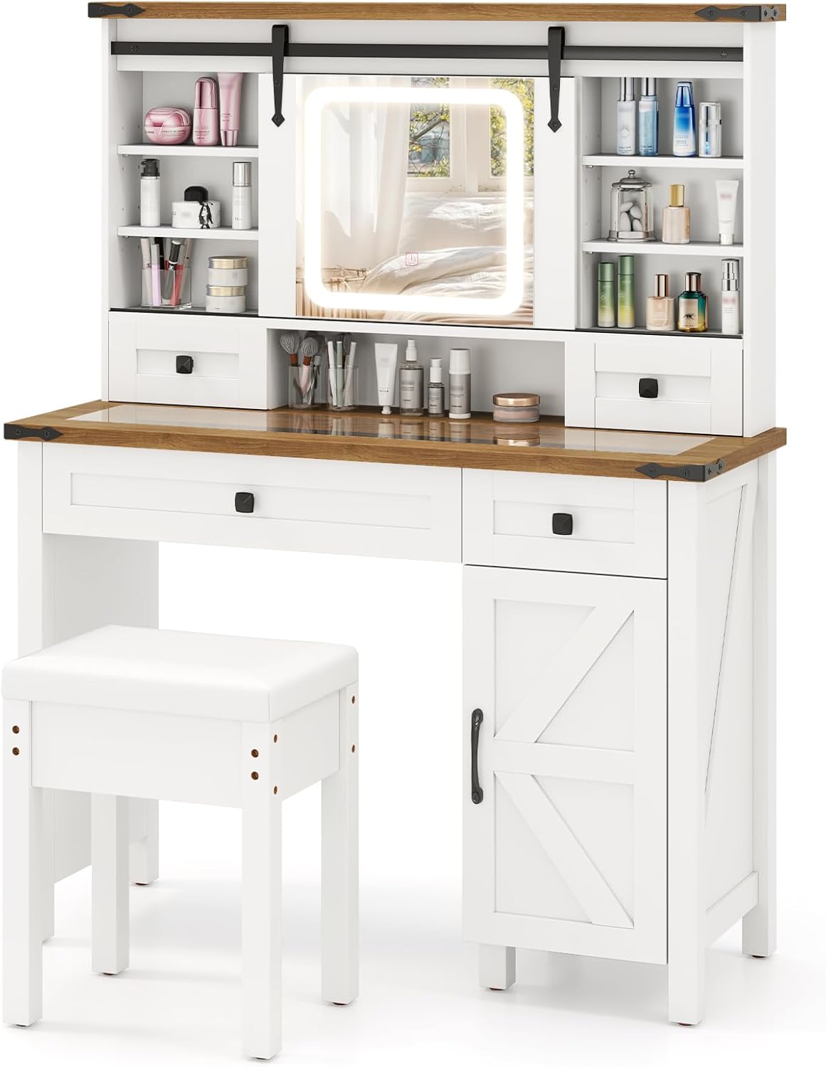 Ensemble Coiffeuse Avec Tabouret Et Miroir LED 3 Couleurs - Blanc, Moderne