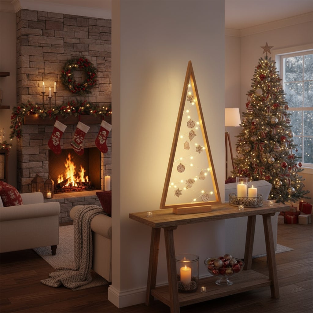 BOGATECO Sapin de Noël en bois avec LED 104 cm de haut | Décoration en bois incluse | Décorations de Noël | 100 LED | - 10
