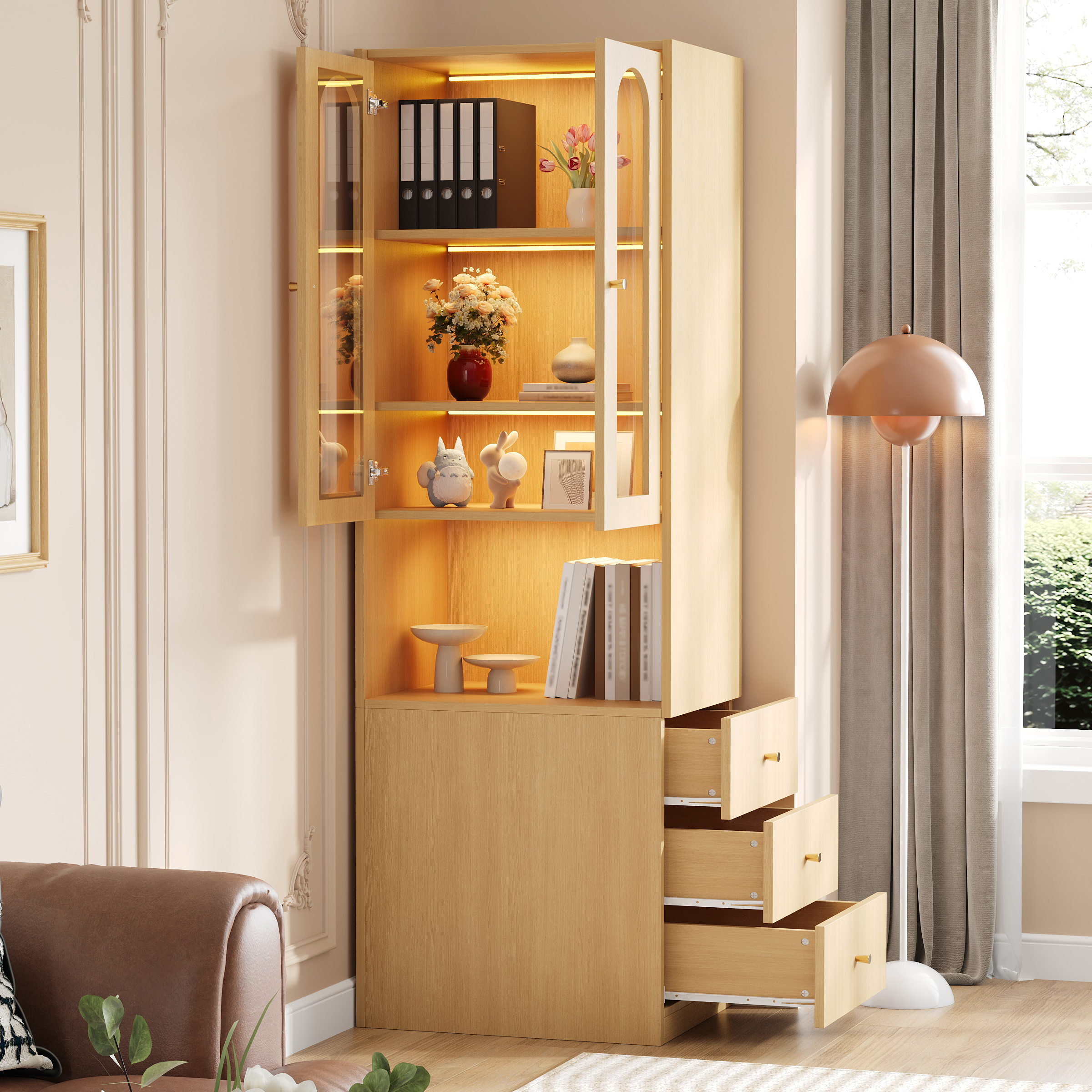 Wąski regał z 2 szklanymi drzwiami i 3 bocznymi szufladami - 60 x 40 x 200 cm - diody LED - płyta MDF - dąb