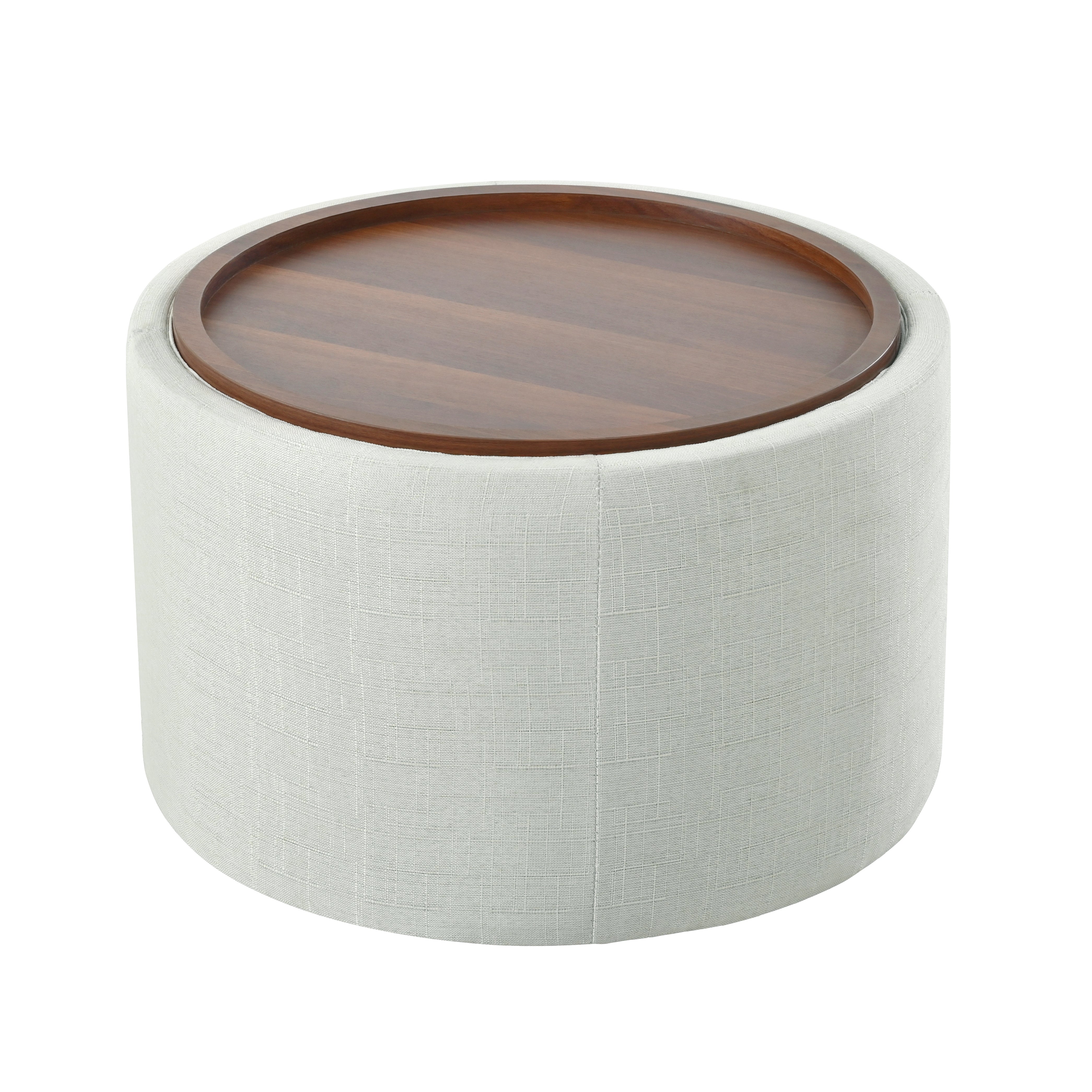 Set di 2 pouf impilabili con contenitore, piano in legno, in lino, beige - 2