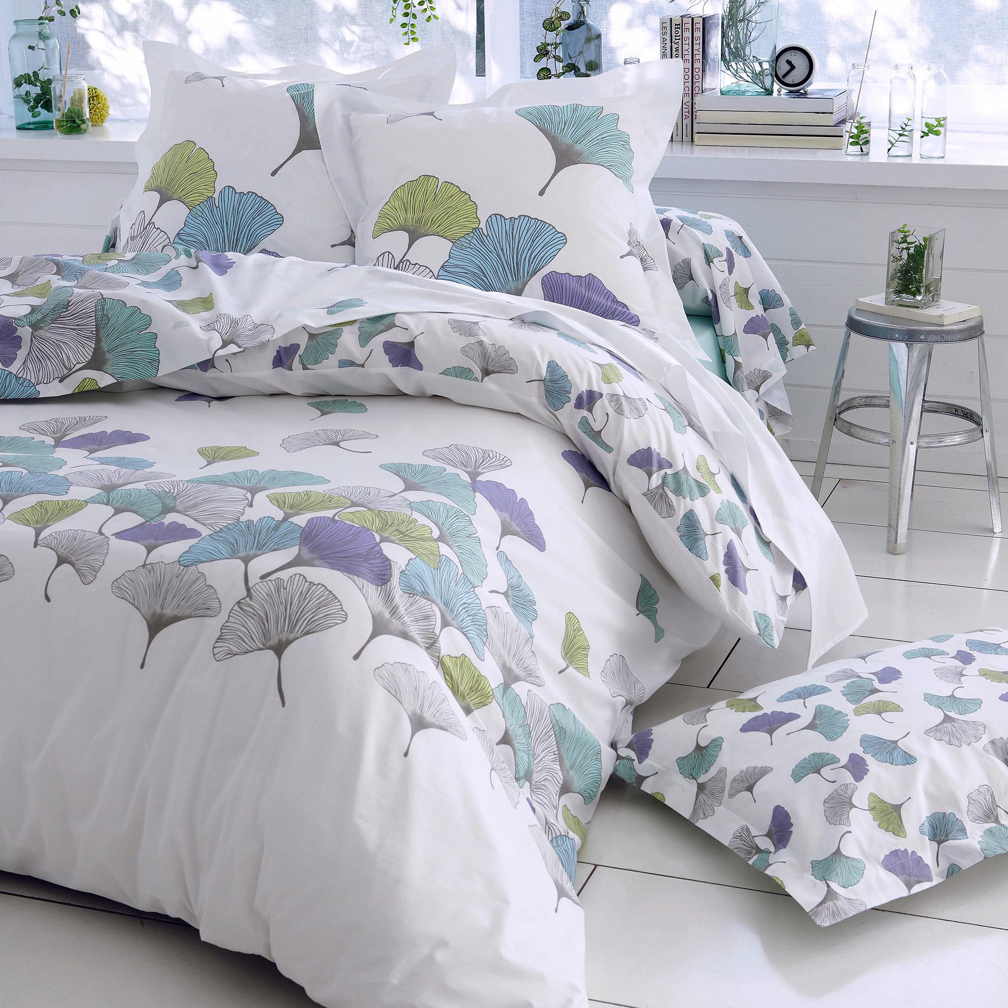 Housse de couette 280x240 cm Percale pur coton GINKGO Bleu | Leroy Merlin