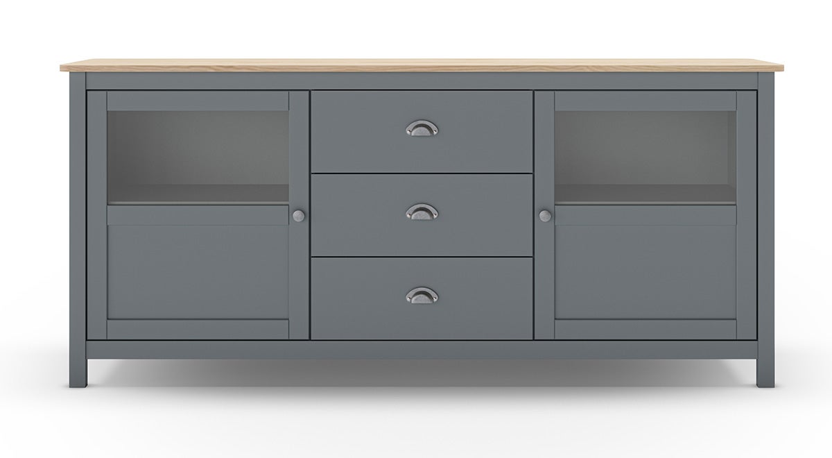 Buffet Chêne DEUBA 107cm - 3 Portes 2 Tiroirs - Meuble De Rangement Mural - Neuf