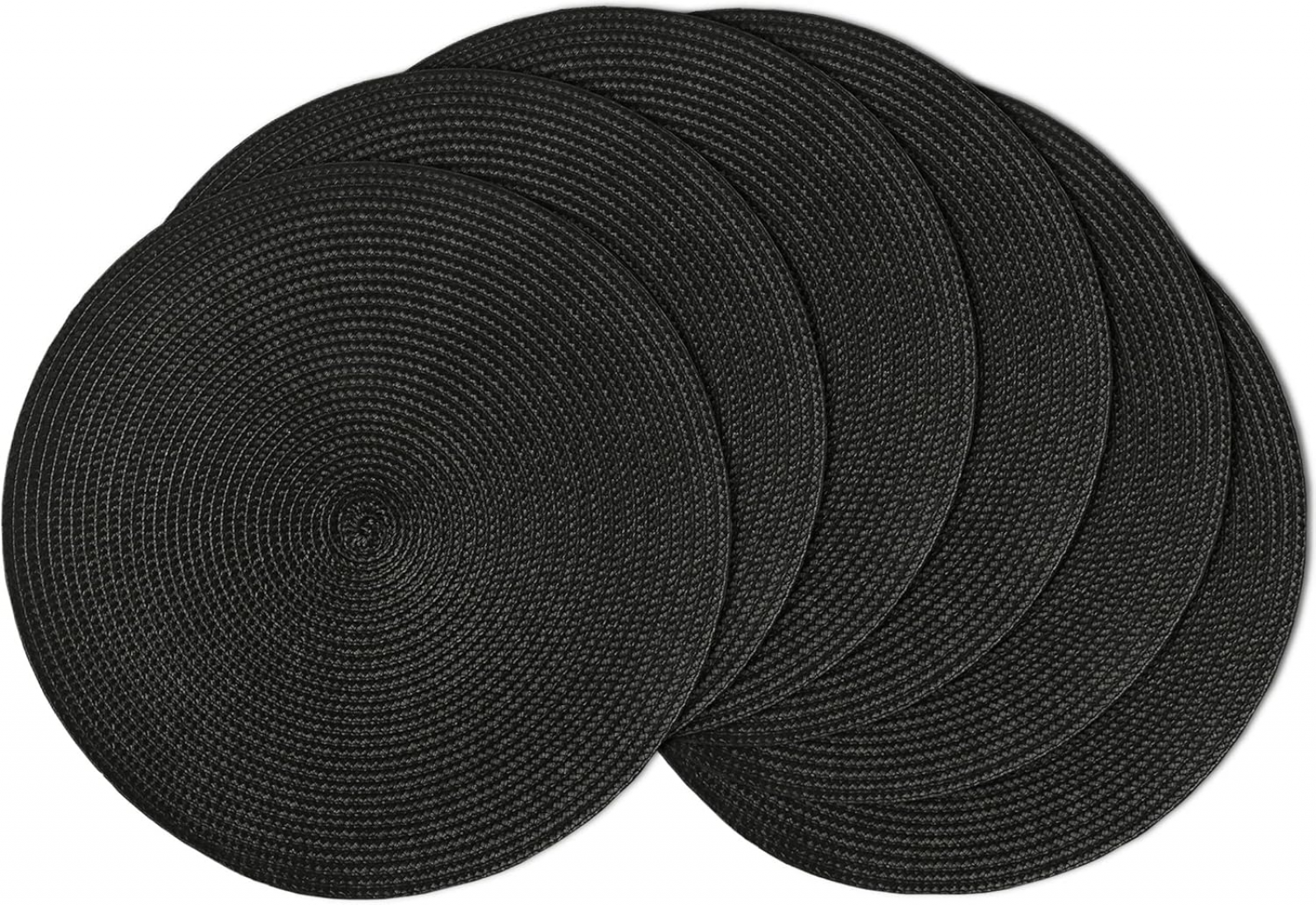 Zestaw 6 okrągłych podkładek na stół, 38 cm, czarne, odporne na ciepło, zmywalne, plastikowe podkładki na stół