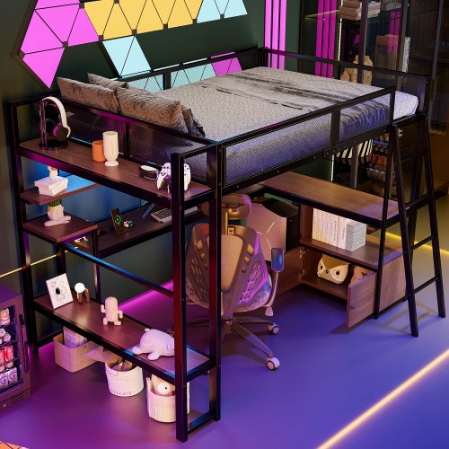 Lit Mezzanine 2 Place avec LED, Lit Superposé Enfant 140x200 avec fnombreux rangements et poste de travail intégré,Noir(Sans Matelas) - 2