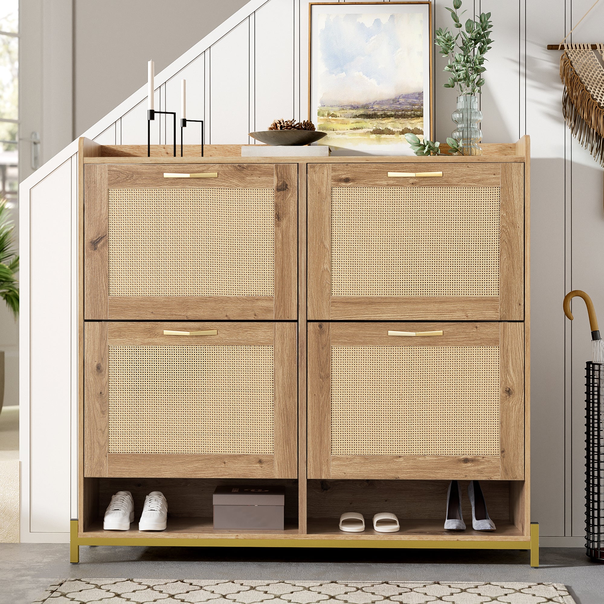 Meuble à chaussures avec 4 portes en rotin et 2 compartiments - Bois MDF - 105 x 24 x 100 cm - Coloris bois - 5