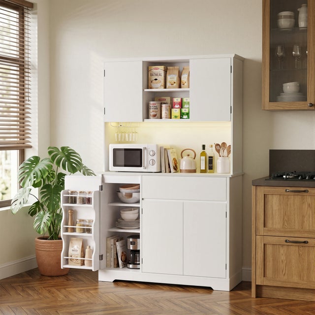 Buffet haut de cuisine blanc 107cm,meuble rangement 5 portes,1 tiroir,éclairage LED et prise intégrée