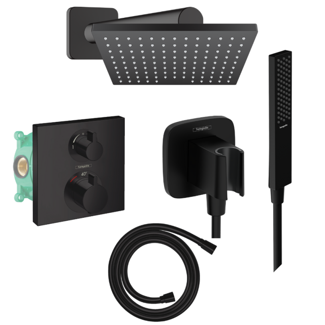Colonne douche thermostatique HANSGROHE Ecostat Square Douche de tête Vernis Shape Flexible Isiflex Douchette Pulsify E noir mat