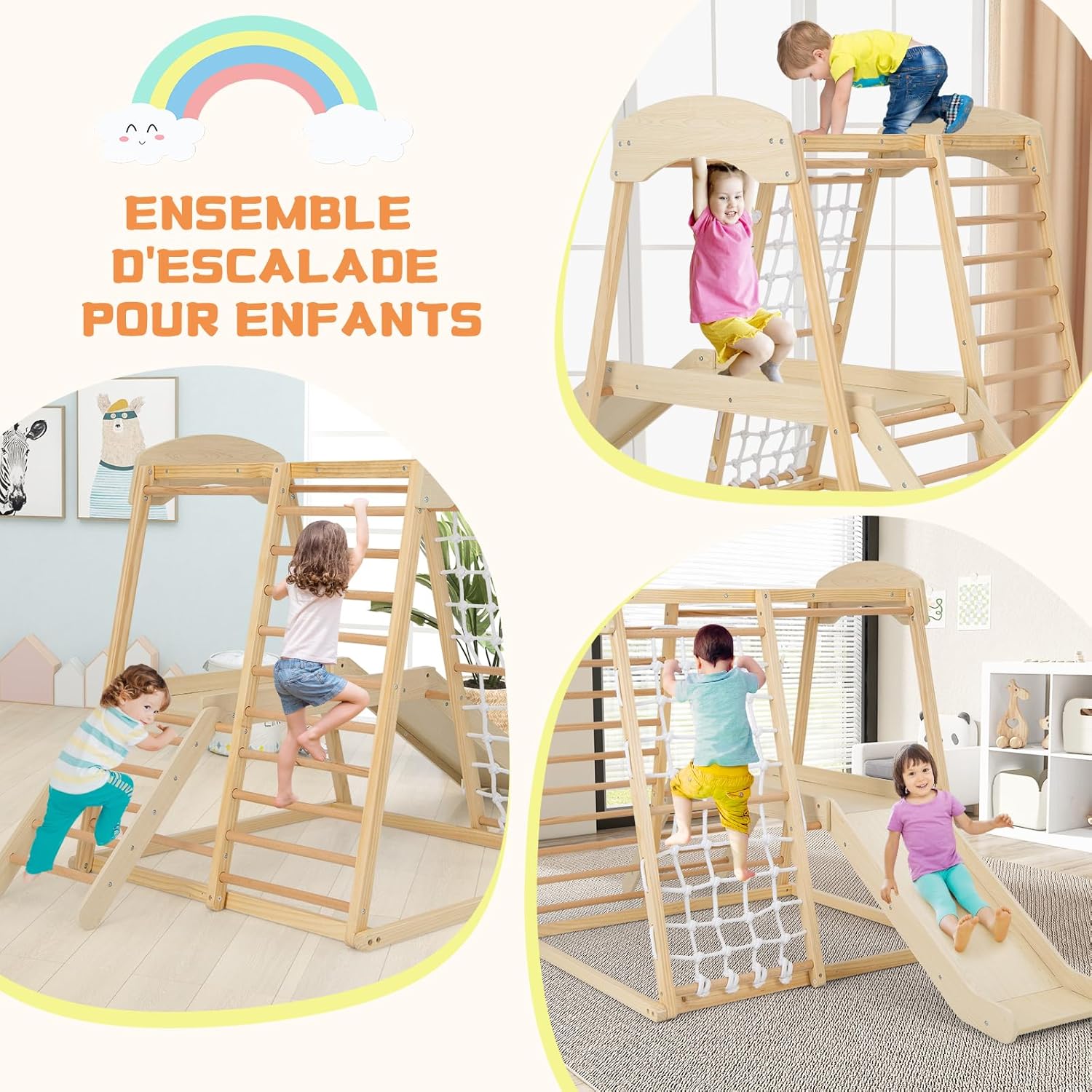 6 en 1 Jeu d'escalade Intérieur, Aire de Jeu en Bois avec Portique, Toboggan, Corde et Échelles, Jeu Montessori avec Ancrages Métalliques pour 1 an+ - 4