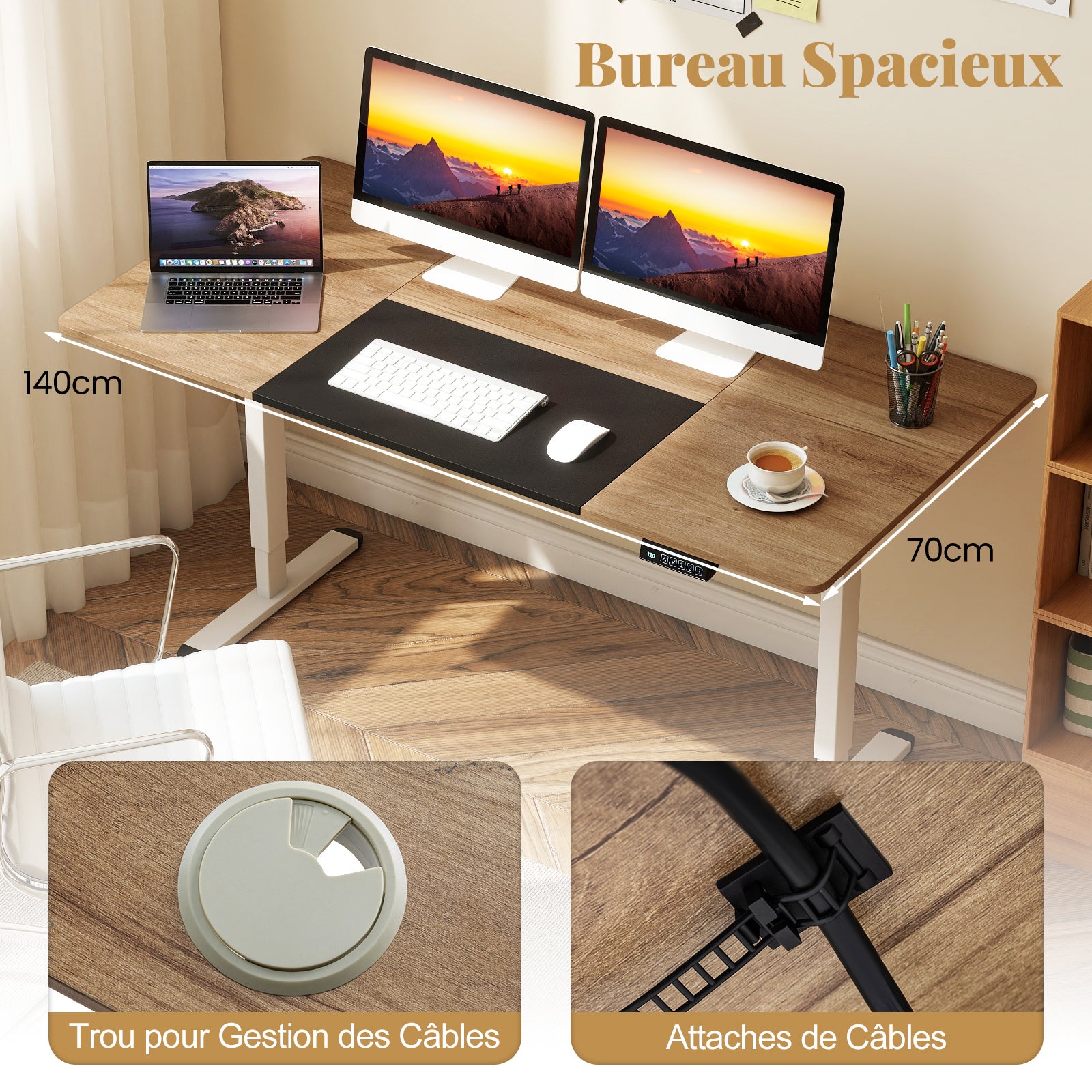 Bureau Électrique Réglable en Hauteur, 140 x 70 cm, Table Assis Debout avec Moteur Puissant et Fonction Mémoire 3 Hauteurs, Naturel Foncé - 6
