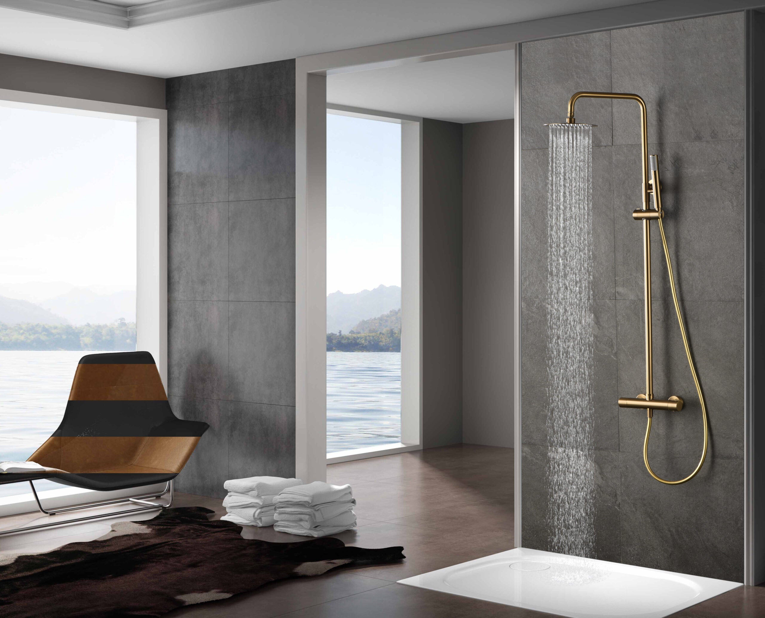 Conjunto de ducha termostático Serie MONZA – Oro cepillado – Altura regulable – Rociador Ø20 extraplano y antical – Cartucho autolimpiable - 2