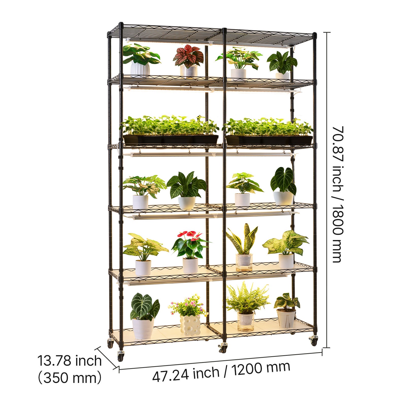 Support plantes deinterieur SucceBuy avec lampe de croissance, etagere metallique a 6 niveaux, hauteur de 180 cm, puissance de 200 W, equipe roulettes - 9