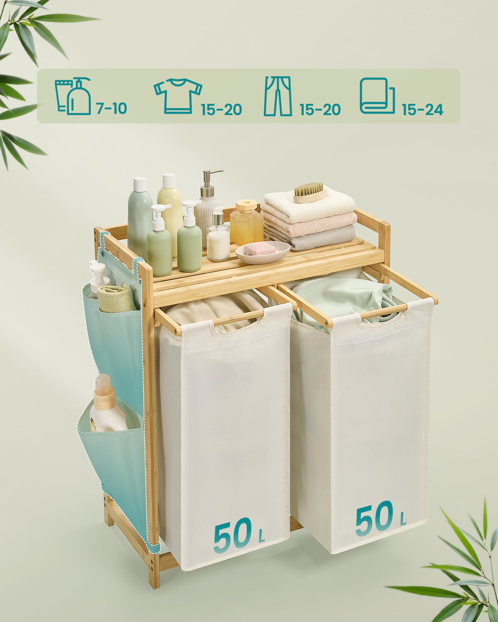 Panier à Linge, avec 2 Compartiments, en Bambou, Capacité de 100 Litres, avec Étagère, Poches Latérales, 2 x 50 L, 63 x 33 x 78 cm, Blanc Crème - 3