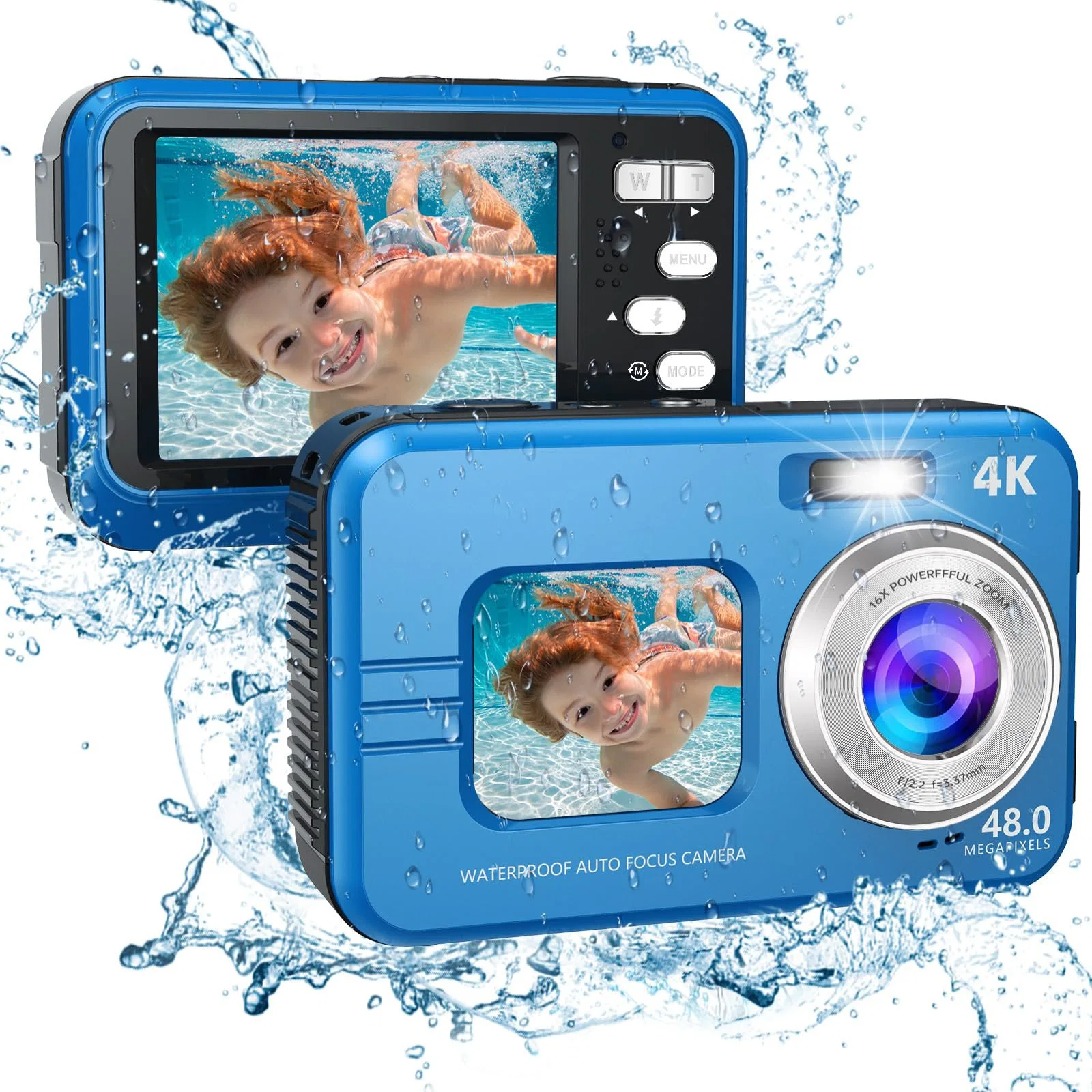 Cámara digital impermeable de 10 pies 1080P Full HD 26MP cámara subacuática, zoom digital 10X, cámara impermeable para esnórquel, selfies subacuáticos, natación, playa, parque acuático, color azul