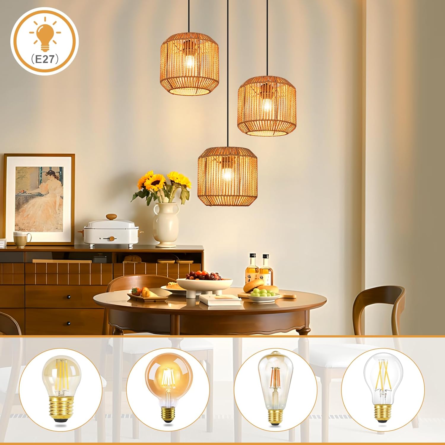 ZMH Lampa wisząca Vintage E27 w kolorze czarnym, z trzema żarówkami (żarówka nie jest dołączona) - 5