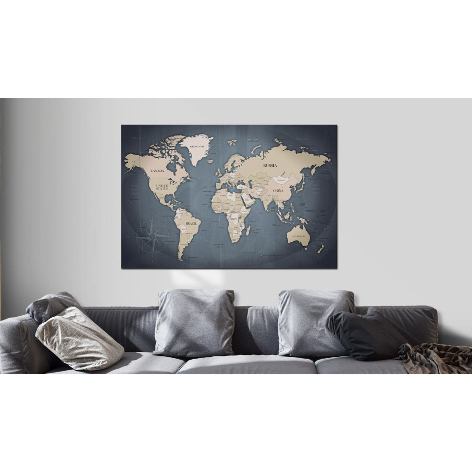 Tableau carte du monde nuances de gris - 120 x 80 cm - 2