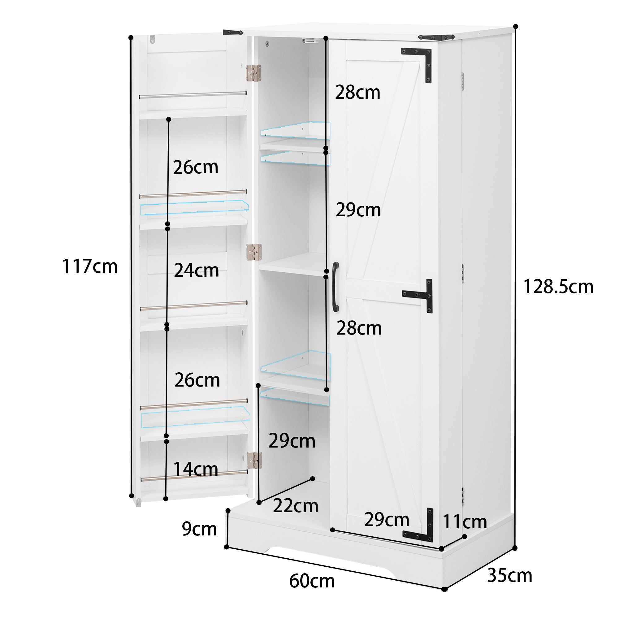 Meuble de cuisine blanc de style campagnard, 128,5 cm, avec éclairage LED. 2 portes à charnières et étagères réglables. - 6