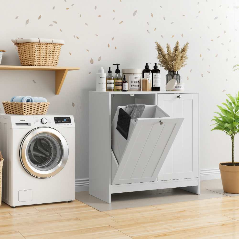 Cesta de ropa abatible con cesta extraíble, armario almacenamiento baño blanco, organizador independiente de mdf, estilo moderno y minimalista