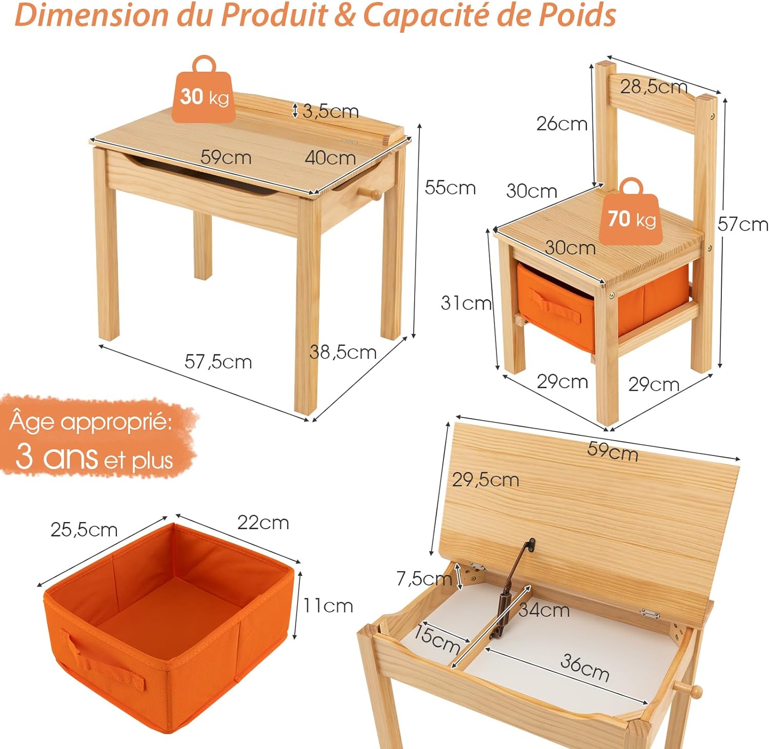 Set Tavolo e Sedia per Bambini, Scrivania Ribaltabile con Sedia per Bambini in Legno, con Cassetto e Gancio Estraibile, Bianco/Naturale (Natur - 5
