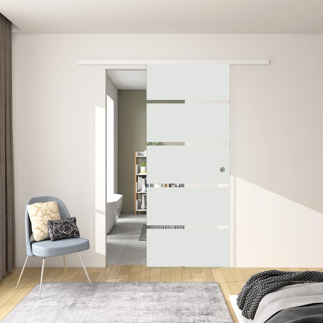 Porta Scorrevole Interna 102x215 cm in Vetro Temperato da 8 mm Opaco con Fasce Bianche Serigrafate Binario Alluminio Bianco
