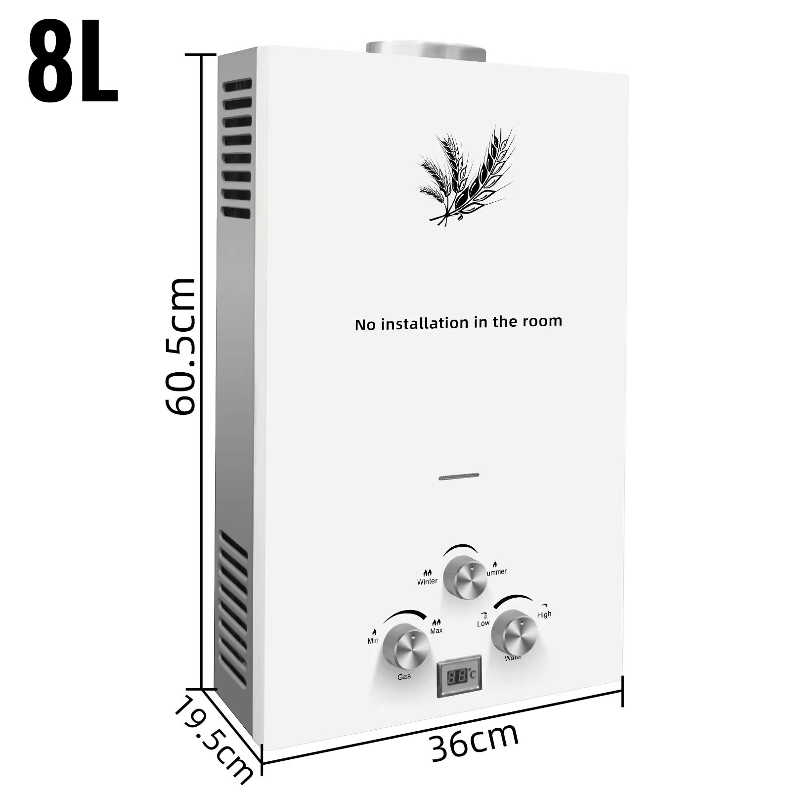 Scaldabagno istantaneo a GPL, Scaldabagno a propano in acciaio inox con display a LED, protezione di sicurezza e controllo intelligente, 16 kW 8 L - 6