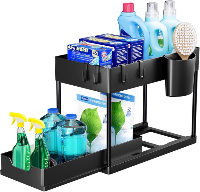 Mueble de almacenamiento bajo fregadero de 2 niveles con cajones deslizantes, organizador polivalente para cocina y baño – Negro
