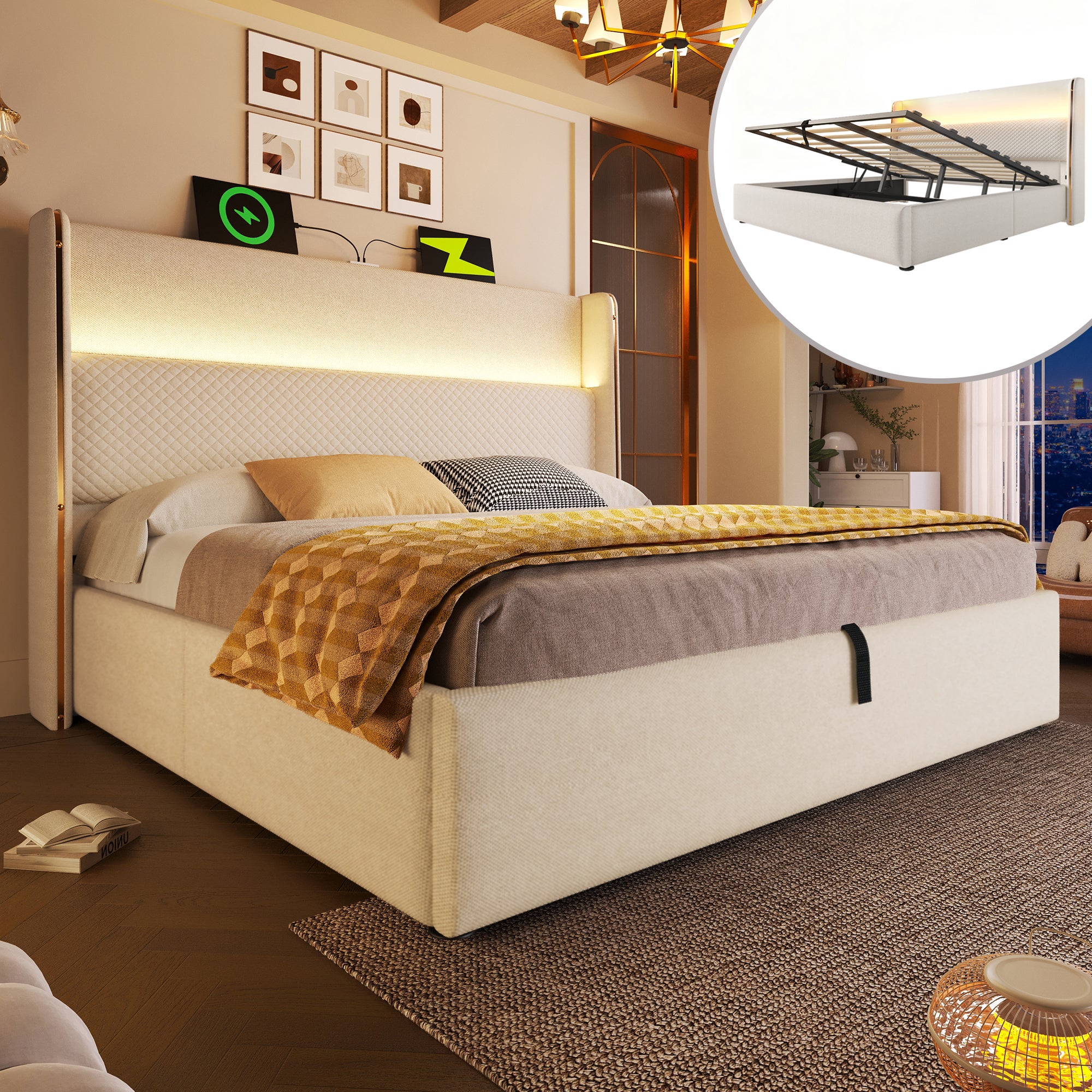 Bett z hydrauliką 160x200 cm, LED, USB-C, szafa, beżowy, linia