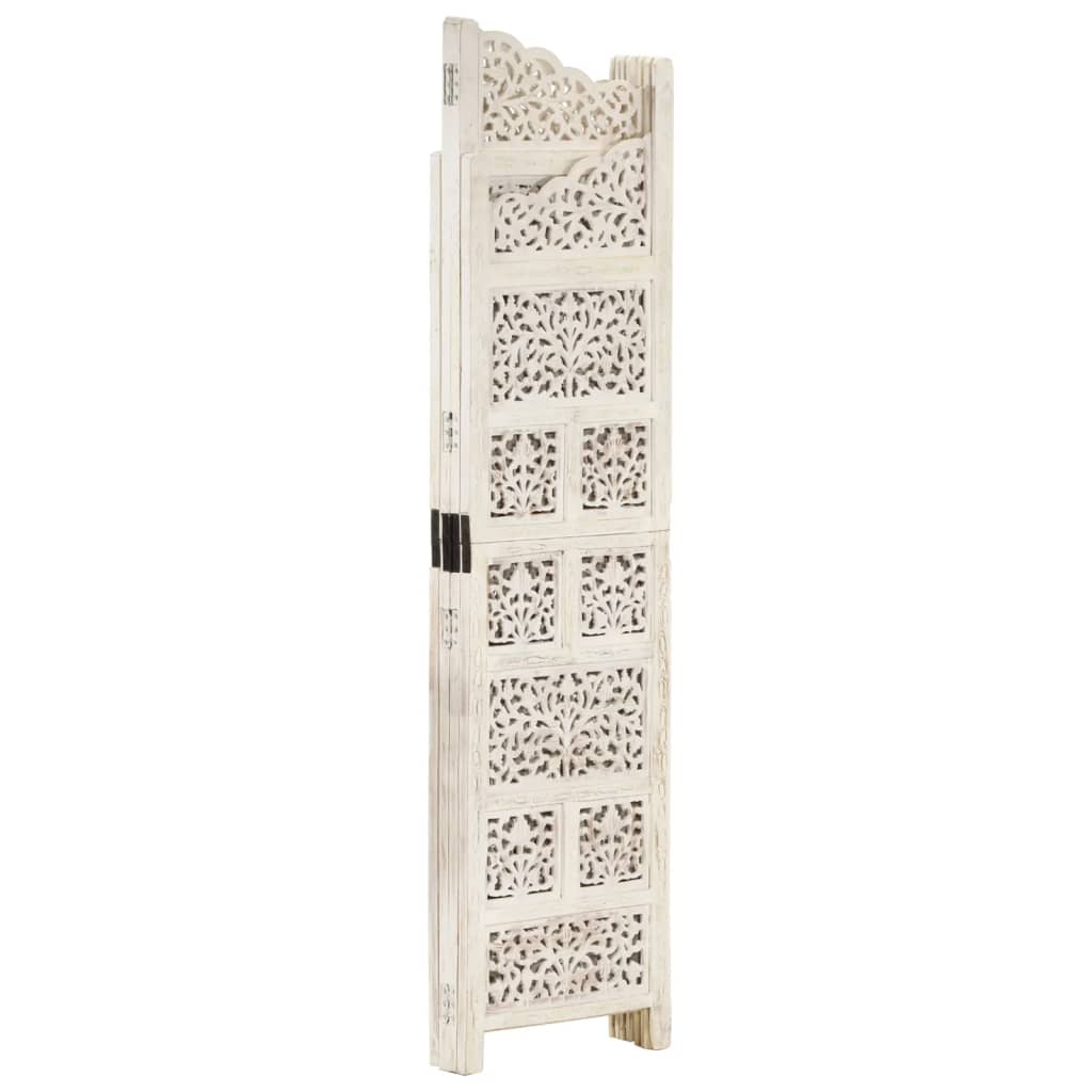 Divisorio In Legno Di Mango Intagliato A Mano – 4 Ante Pieghevoli – Colore Bianco Lavato – Dimensioni 160x165 Cm - 3