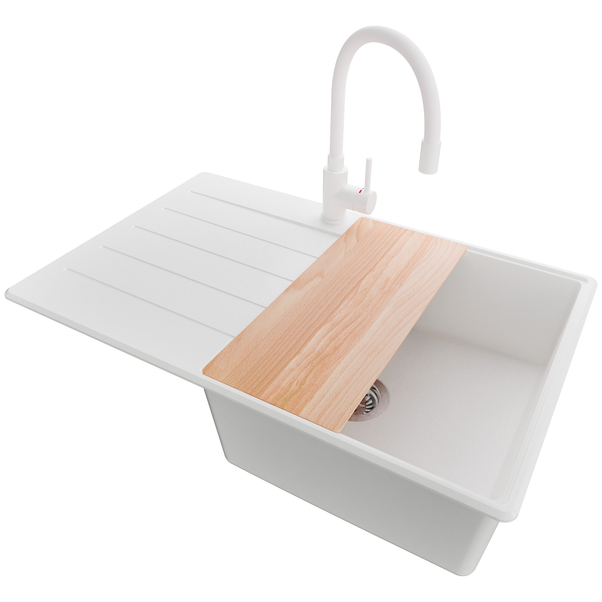 Zlewozmywak Granitowy Biały 78x50cm, Zlew Kuchenny 1 Komorowy + Bateria 38x14cm + Syfon + Deska, Nablatowy do szafki od 50cm - Kopenhaga PRIMAGRAN