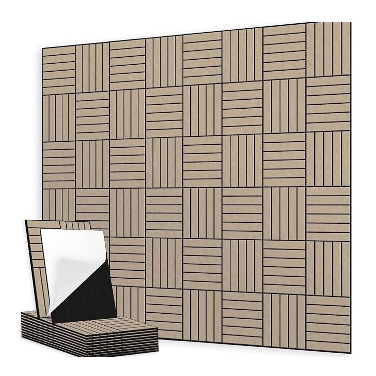 12 samoprzylepnych, dekoracyjnych paneli dźwiękochłonnych z włókna poliestrowego do studiów i biur, 30 x 30 cm, kolor karmelowy