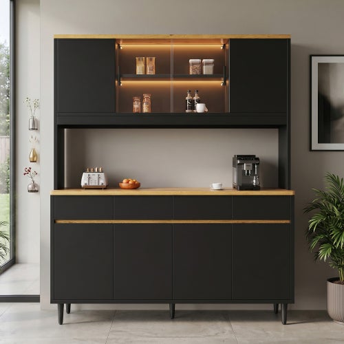 Aparador de Cocina con luces LED, puertas cristal diseño nordico, mueble de almacenamiento amplio, 160×40×185cm, negro