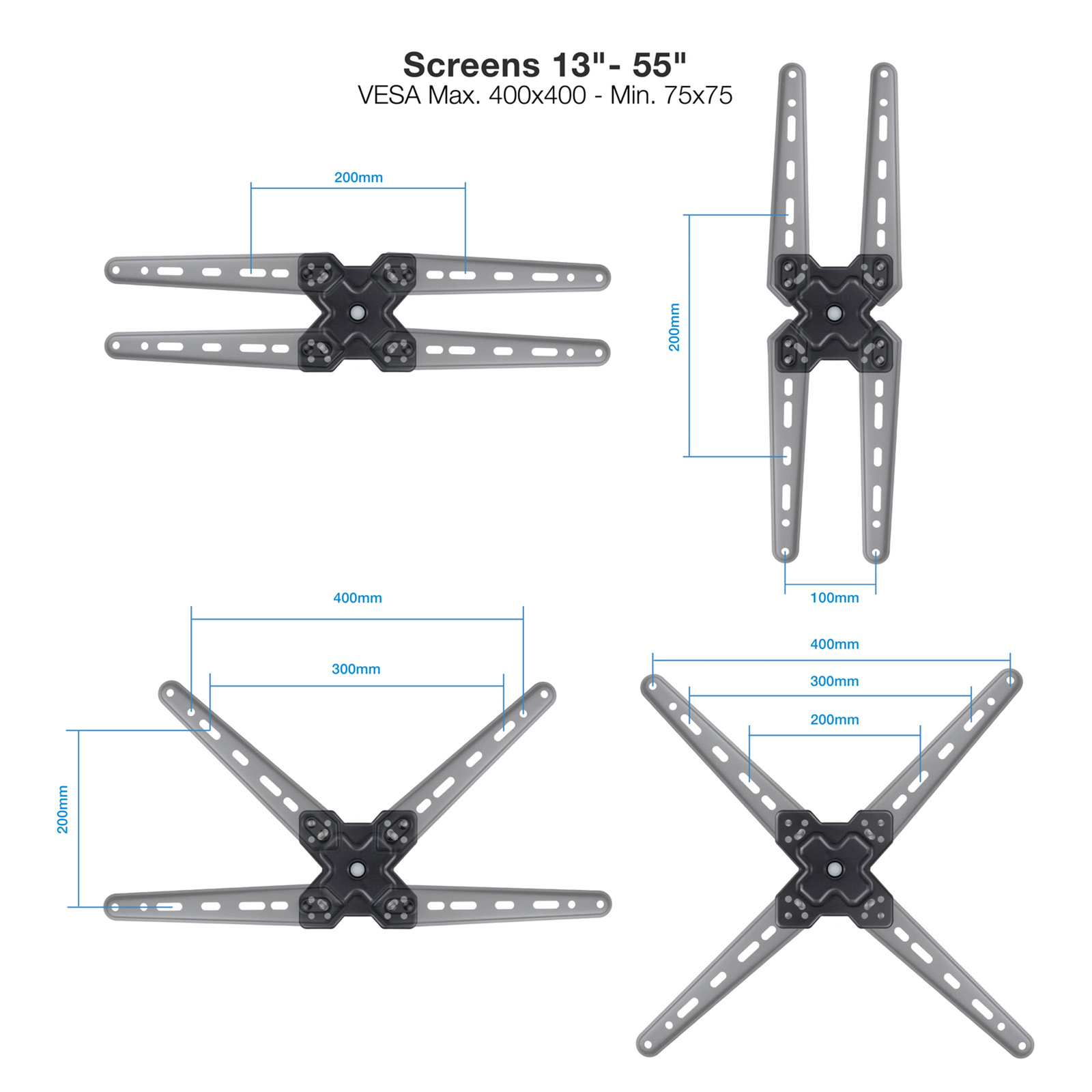 Support Mural TV Ultra Plat - Pour écrans 32 à 55 Pouces, Jusqu'à 80kg - Compatible VESA 100x100 à 400x400 - Noir - 5