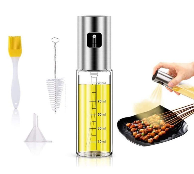 Butelka z rozpylaczem do oliwy 100 ml ze skalą, spryskiwacz do oliwy z oliwek z lejkiem, spryskiwacz kuchenny ze stali nierdzewnej ze szczotką do olej