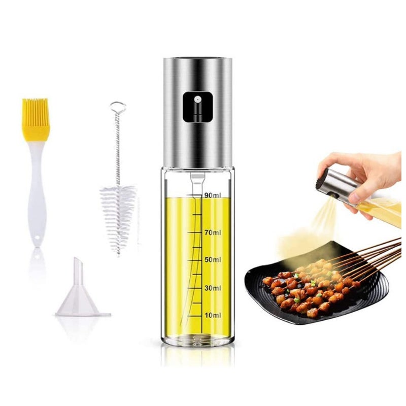 Butelka z rozpylaczem do oliwy 100 ml ze skalą, spryskiwacz do oliwy z oliwek z lejkiem, spryskiwacz kuchenny ze stali nierdzewnej ze szczotką do olej