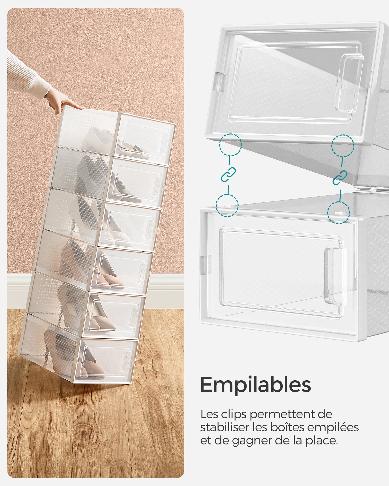 Boîtes à Chaussures, Lot de 18, Rangement Chaussures, Pliable, pour Pointure jusqu’à 44, Transparent et Blanc - 4