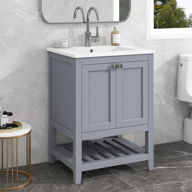 Meuble de salle de bain sur pied 60 cm, Lavabo de salle de bain avecd’un vasque en céramique,Mobilier complet de salle de bain individuel gris clair